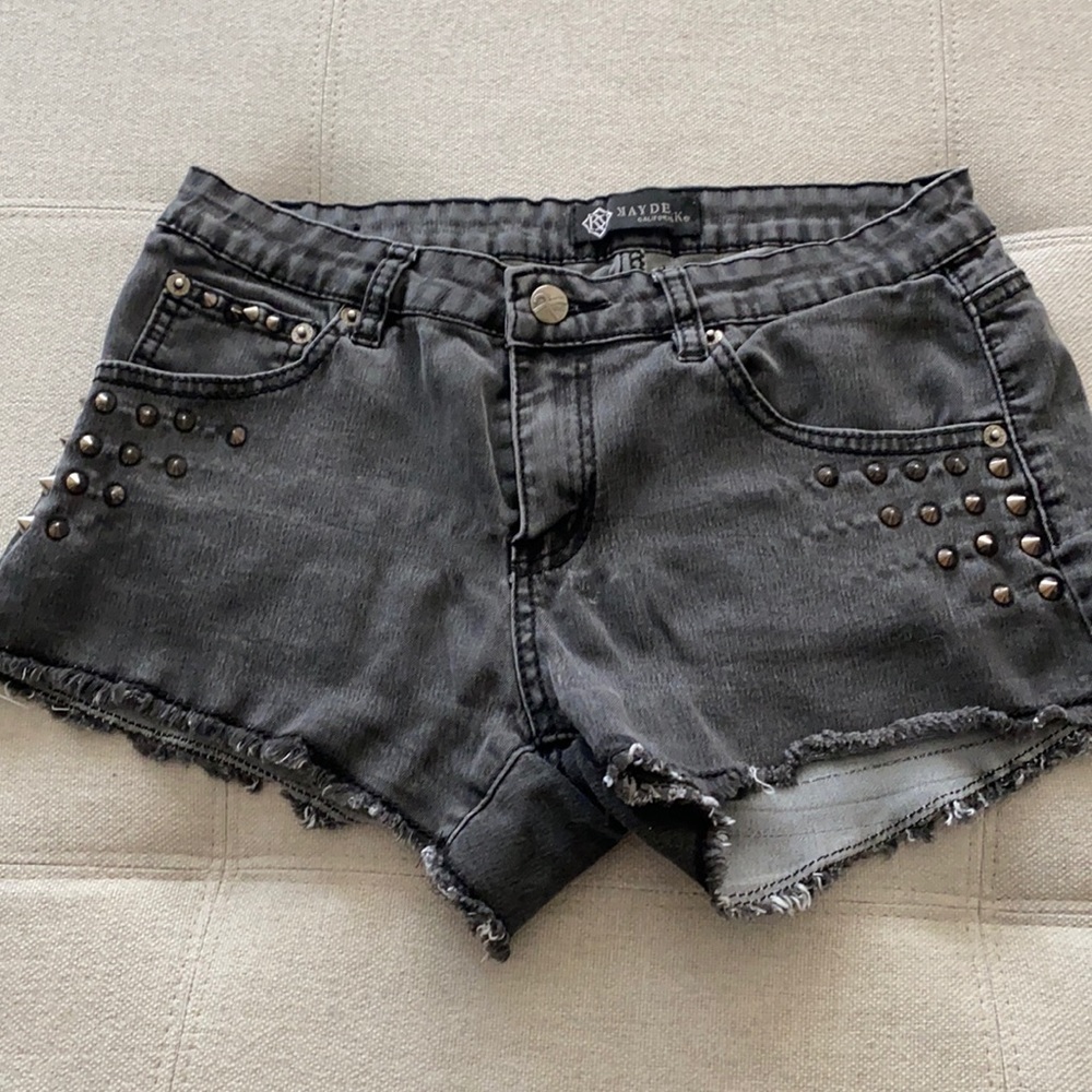 Black denim studded shorts